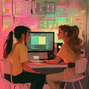 two girl talking in computer room