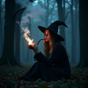 "In a secluded, shadowy forest clearing, a mysterious witch sits quietly, wreathed in mist and moonlight. Her slender fingers hold a smoldering herbal pipe, from which she draws a fragrant, intoxicating smoke. The tendrils of vapor curl and twist around her, forming ghostly shapes that flicker and dissolve in the cold night air. Her eyes, illuminated by the glow of the pipe, glint with otherworldly knowledge and secrets untold. The atmosphere is thick with an unnerving aura, as if the woods themselves hold their breath, watching and waiting for her next spectral incantation."