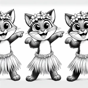 A cartoon ilustration style cat with a fun expression and expressive eyes, with a houla skirt, dancing with arms horizontally positioned. isolatd on a White background, drawn in black and white pencil art