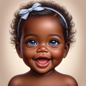 "Create a digital portrait of an adorable african-American baby girl with a joyful expression. Her big, bright blue eyes are wide with wonder, and her tiny mouth is shaped in a happy grin. Her skin has a warm, honey-brown tone, and she has an abundance of curly black hair, playfully tied up with light blue bows. The background is soft and neutral to keep the focus on her delightful features. The portrait should be vibrant and heartwarming, celebrating the innocence and charm of childhood."