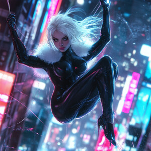 A dynamic scene of a platinum blonde woman in a sleek, black for...