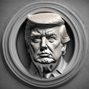 Head portrait of Donald Trump looking at the camera against a ne...