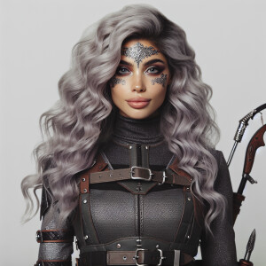 A beautiful huntress from the “Monster Hunter” series with dark...