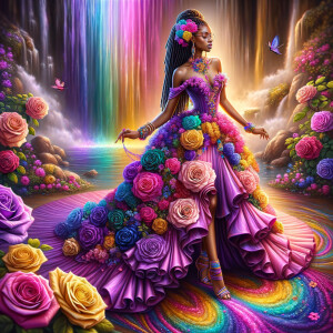 Remix Prompt
S/O Jackie Torres
S/O Panda Locke

create a animated style hyper realistic airbrush whimsical oil painting of a light African American woman wearing a flawless beautiful purple, pink, and gold blossom dress long flowing with colorful flowers and ruffles on the dress colorful jewelry made of flowers she has long black dreadlocks in a bun a colorful rose in her hair her peep toe shoes is matching her dress behind her is a beautiful waterfall liquid glowing lights beautiful colorful rainbow surrounded by beautiful roses.