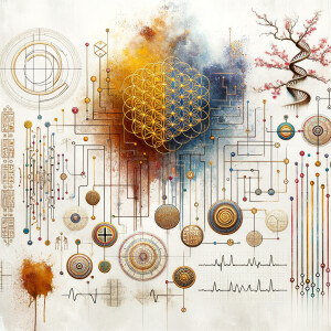 The golden ratio, Minimalist art Circuit, boards, circuitry, diagrams Cellular structures, DNA, circuit boards, colorful wires,  asian and Egyptian  graffiti, lie detector graphs, cardio printout, branches Bones painterly background rust