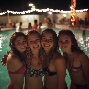Group of middle-aged school girls at a 2012 nighttime pool party...