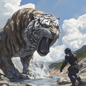 Digital artwork featuring a dramatic scene between a large, ston...