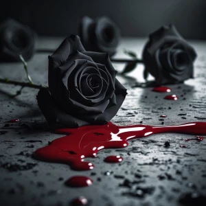 Black rose strewn onto cement and red blood fallen on the rose a...