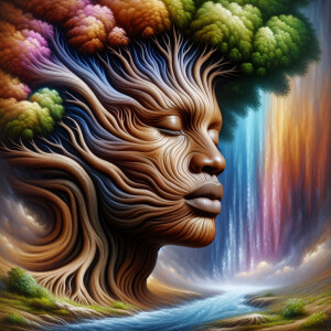 Create a hyper-realistic 3-D oil painting of a tree integrated w...