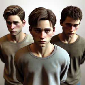 Three male Caucasian teenagers walk   with their hands behind th...