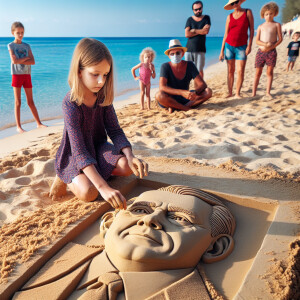 an american cute girl creating Donald Trump using sand on a clea...