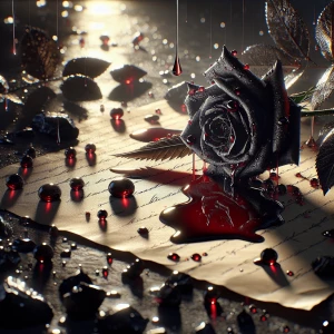 A black rose with blood on it fallen across a love note