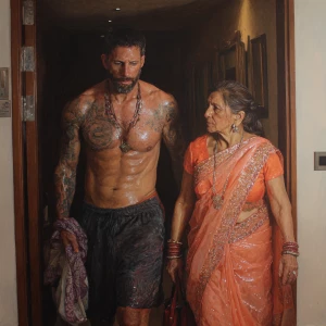 Hyperrealism oil painting.a gujarati muscular beefy bearded tatt...