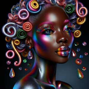 An African-American woman exudes an artistic aura, her hair a sy...