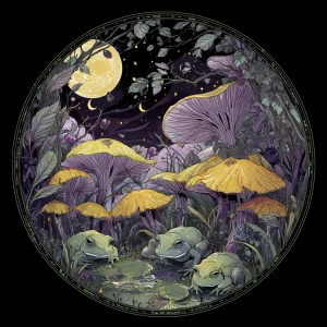 Detailed nighttime forest scene: a circle of mushrooms glowing u...