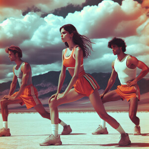 Create a candid color-film snapshot from 1972 of three beautiful...