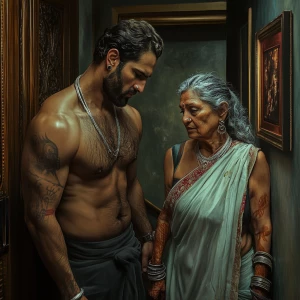 Hyperrealism .A sweaty beefy man entering with his 54 year old...