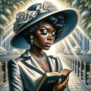 Render an airbrush oil painting of an African American woman with flawless makeup in a
contemplative pose, holding a Bible close to her heart, dressed in an elegant Sunday Best
outfit with a distinctive Church Hat. The background features a peaceful church garden,
with light filtering through the trees, highlighting her spiritual connection and the personal
moment of reflection. The artwork should capture the tranquility of the scene, the beauty
of her attire, and the depth of her contemplation, reflecting a serene and spiritually