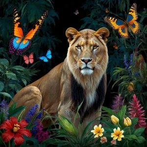 Create a dark, beautiful, mysterious forest with lions, cougars,...