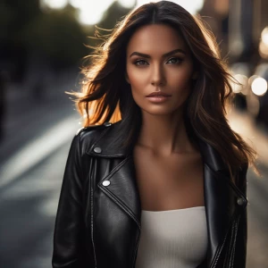 A stylish woman in a leather jacket, her face illuminated by a single, strong light source from the side, casting bold shadows