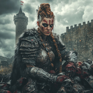 Powerful female barbarian warrior in ornate battle-worn armor wi...