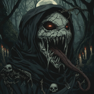 A dark, horror-themed digital illustration of a terrifying maske...