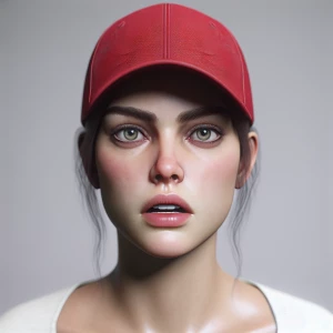 Create a hyper-realistic image of a woman wearing a red baseball...