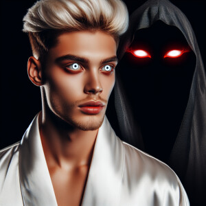 A blonde faux hawk haired, young man with white glowing eyes, we...