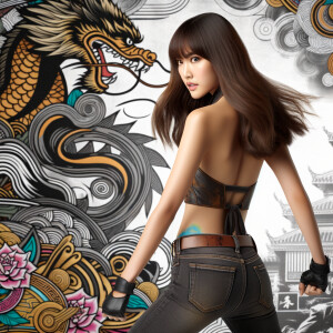 Attractive, Asian teenage girl, long brown hair and bangs, wearing tight skinny jeans and a halter top paint marks on her clothing, backside view heroic pose Asian graffiti