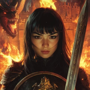 Create an image with a castle and dragon breathing fire in the background. Show a female knight with a sword in a heroic pose. They have long, straight black hair that frames their face, with bangs across the forehead. Their eyes are dark and expressive, accentuated with what appears to be eyeliner and possibly eyeshadow. The eyebrows are well-defined and arched.

The person has a warm, friendly smile that creates slight dimples in their cheeks. Their skin tone appears to be fair to medium. The nose is straight and proportionate to the face, and the lips are full. They are dressed in mid evil armor, and are holding up a shield to protect themselves from the flames the dragon is breathing out. They appear to be fighting the dragon.