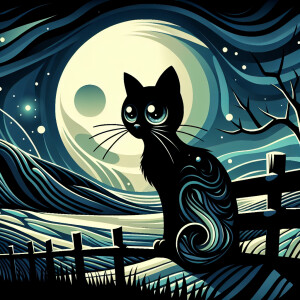 Beautiful realistic black cat with big eyes, sitting on a fence...