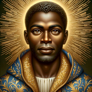 Create a African-American Christian Jesus, with brown eyes, wearing a blue and gold robe