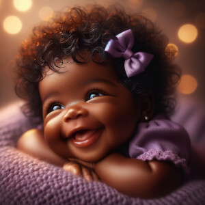 An adorable African American baby with a joyful expression, sleeping soundly and smiling. The baby has curly black hair adorned with a purple bow, and is wearing a snug, short-sleeved purple onesie. The baby rests on a soft, lavender blanket that provides a cozy atmosphere. In the background, there is a gentle bokeh effect with warm, glowing lights, evoking a peaceful and dreamy scene.