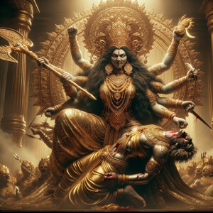 portrait of angry looking goddess durga sitting on a gold crown...