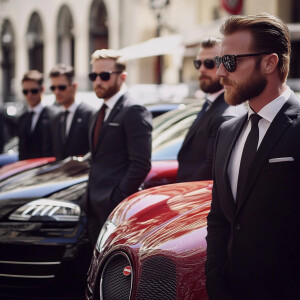 50 years old men selling a line of different Bugatti cars. In th...