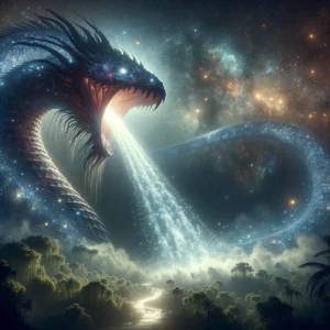 An enormous celestial serpent coils endlessly in the night sky,...