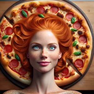 Ginger haired woman is a burnt New Haven style pizza, funny, pho...