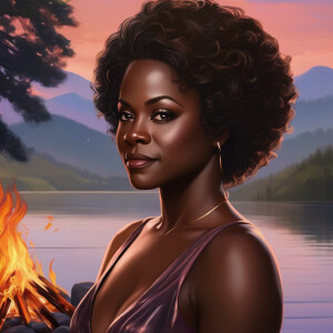 Evening Bonfire by the Lake,Calm, reflective tones with soft, gl...