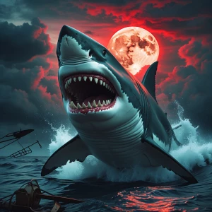 A massive great white shark breaches through dark, stormy waters...