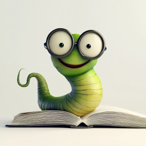Create an image of a whimsical green, happy worm with a charming...