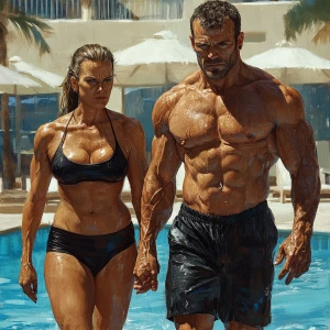 Realism art, a muscular, sweaty hotty man walking alongside his...