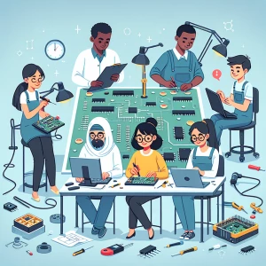 Una caricaturas trabajando en el aria de electrónica