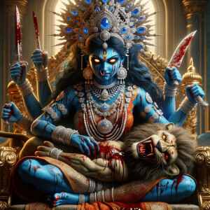 portrait of angry looking goddess kali, blue skinned, sitting on a gold crown and carrying a weak mahishasur on her lap and stabbing him with her amazing red finger nails. She is wearing diamond armor, a huge diamond crown, red saree, abundant diamond jewelry, covered in blood. The scene is set in ancient India. The image is 8K resolution, cinematic, ultra detailed face and epic.