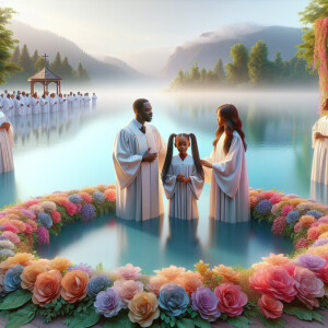 Enhance the close-up baptism scene by the serene lake with vibra...
