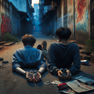 two white male youth handcuffed laying on the ground. view from...