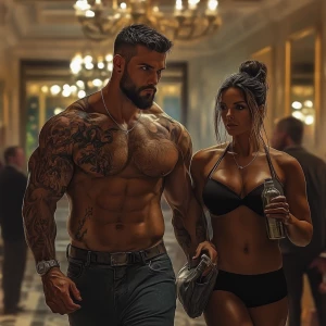 realism-photo fantasy,A sweaty tattoed muscular  man walking wit...