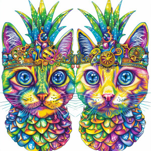 Two cat faces designed in the shape of pineapples, each adorned...