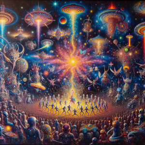 In the heart of a neon-lit star system, a harmoniously chaotic g...