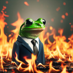 frog in business suite stay in flame