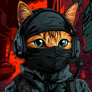 A wide-eyed ginger cat wearing a black tactical balaclava (or ma...